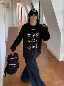 Áo Thun Dài Tay Sixi Four Happiness Hand-painted Star Pattern Printed Loose Womens Inner Wear Base Shirt Top Mùa Thu Đông Cotton Polyester