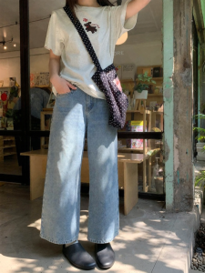 NIHAOKANONG | Quần Jeans Trousers Phong Cách Vintage Màu Xanh Dương Nhạt Form Rộng Thắt Dây Cao Ôm Đùi Tám Phân