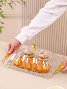 SK-C1206 Set Nampan Saji Transparan Aesthetic dengan Tutup Nampan Mewah Handle Gold / Food Tray Baki