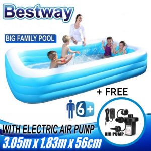Bestway Inflatable Swimming Pool Family Size With FREE Airpump / 201cm *150cm *51cm / 262cm *170cm* 51cm / 305cm *183cm *56cm / Thickened Pool For Adult & Kids Backyard Party Pool With Airpump Blue 3-Layered Rectangular Portable Pool