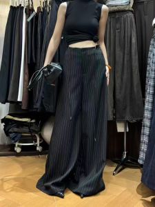 Retro Striped Wide Leg Pants Womens High Waist Loose Drawstring Drapey Lazy Style Floor-Length Casual Trousers