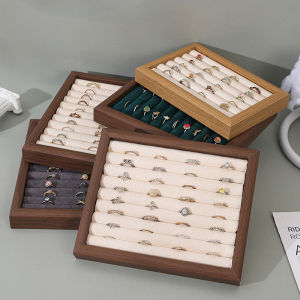 Fashion Walnut Grain Jewelry Tray Velvet Rings Stud Earrings Bangle Display Storage Trays Jewellery Organizer Showcase Props