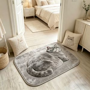VIKAMA 3D Cute British Shorthair Cat Doormat Non Slip Washable Pet Style Bathroom Entrance Floor Mat Home Decor