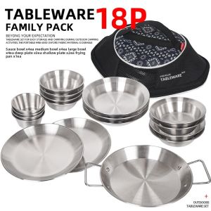 18Pcs Stainless Steel Camping Tableware Set Portable Bowl Plate Frying Pan Kit Outdoor Self-driving Tour BBQ Picnic Home Kitchen