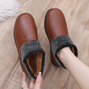 Winter Waterproof Womens Cotton Shoes Leather plus Velvet Thickened District Thermal Soft Soled Non Slip One Pedal Middle-Aged Mom Cotton Boots