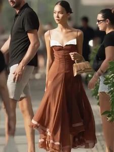 French Elegant Brown Strap Dress Long Slimming