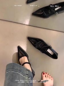 Black Pointed Toe Mary Jane Fashionable Commute Thick Heel Womens Slip-On Shoes Leather Version Korean Style PU Material