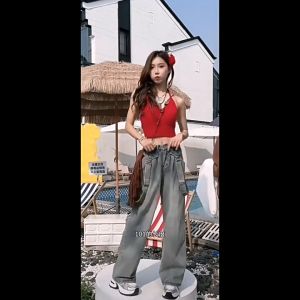 Overall Kargo Wanita Celana Jeans Lurus Pinggang Tinggi Biru Retro Celana Panjang Longgar 8569