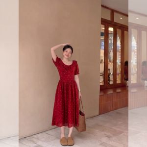 PAIBOLI | French Sweet Style Dress Large Size Dot Design Bubble Sleeve Red A-Line Mid-Length