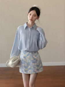 Cantonstory | Commuting Loose Slimming French Style Blue Long Sleeve Womens Shirt