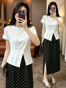 White Shouldered Short Sleeve T-Shirt Slim Cut Hem Slit