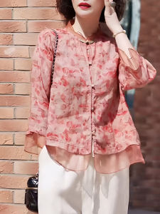 Linen Shirt Womens Long Sleeve Printed Retro Mom Style Top Summer New Arrival Loose Fit round Neck Button Closure Casual Shirt