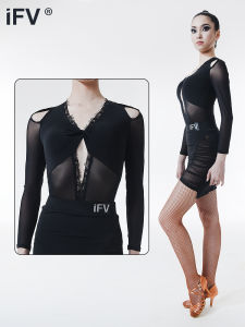 Black Mesh Long Sleeve Practice Suit IFV Adult Womens 1022 One-Piece Top Latin Dance Wear V-neck Sport Fitness Gymnastics