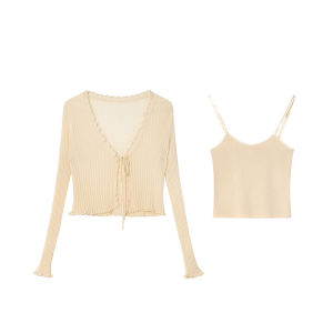 NIHAOKANONG | Bộ Áo Camisole và Cardigan Có Nơ và Voan