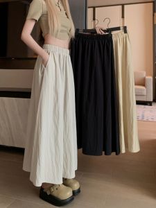 Summer Thin High Waist Ice Silk Pleated Long Skirt Womens A-Line Slimming Umbrella Skirt Simple Style Commute High Waist Pleated Skirt