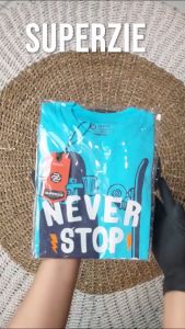 Kaos anak laki laki distro karakter superzie NEVER STOP warna biru muda bahan katun premium 30s