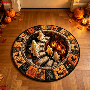 VIKAMA Halloween 3D Optical Illusion Round Mat Ghost Pumpkin Non Slip Floor Mat For Living Room Bedroom Party Home Decor