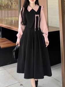 Fall and Winter New Arrival Waist-Tight Contrast Color Long Sleeve Square-Neck Long Skirt Plus Size Retro Buckle New Chinese Style Fake Two-Piece Dress
