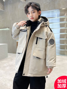Thickened Fleece Winter Jacket for Boys Childrens Casual Style Hooded Zipper Closure Solid Color Cotton Coat Boys Fashion