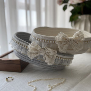 Retro Lace Cotton Rope Desktop Organizer Box Butterfly Knot Pearl Decorated Mobile Phone Key Sanitary Napkin Storage Basket