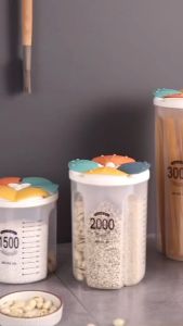 กล่องเก็บซีเรียลในครัว พลาสติก 4 ช่อง กระปุกใส่ซีเรียลแบบปิดสนิท ภาชนะบรรจุอาหาร ถังเก็บธัญพืชแบบกันความชื้น กล่องสปาเก็ตตี้เก็บความสด