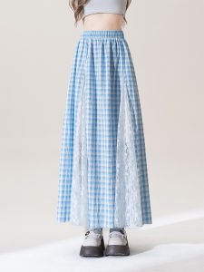 SHANGWEILUO | Lace Patchwork Blue Plaid High-Waisted A-Line Skirt