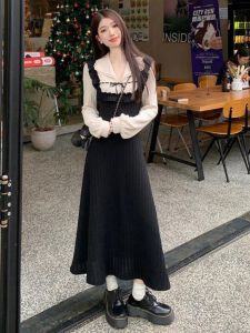 Gentle Patchwork Fake Two-Piece Dress 2024 New Arrival Womens Spring & Fall Waist-Tight Slim Looking Elegant Beautiful Dress Black Dress