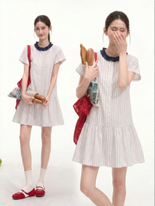 HTMEME | Contrast Color Wooden Ear Edging Striped Short Sleeve Summer Dress