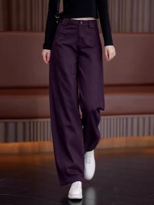 High Waist Straight Leg Jeans Womens Purple Knife Edge Denim Loose Fit Slimming Wide Leg Banana Pants Casual Cotton Jeans