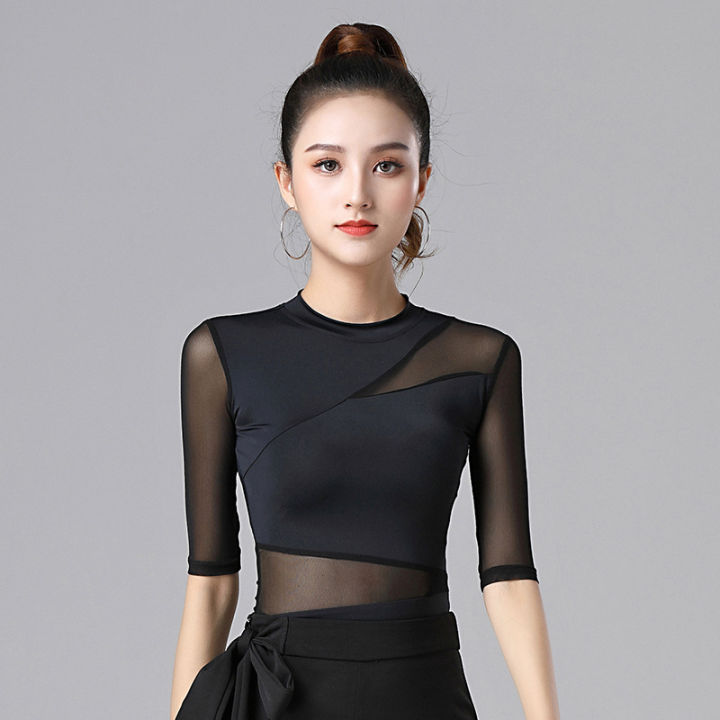 Black Latin Dance Short-sleeve Shirt Sexy Mesh Tops Women Professional Practice Clothes Female Ballroom Modern Dance Costumes