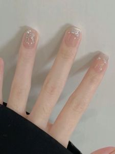 Handmade Short Nail Tips Glass Bead Gold Plated False Nails Winter Autumn Ice Transparent Bare Color French Style Mermaid Tail