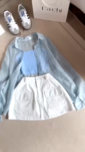 Đồ nữ mùa hè set 3 món áo Tăm 2 dây chân váy Kaki lưng thun phối áo khoác Tơ mỏng nhẹ xinh xắn