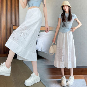 Yimei lười nữ pháp mùa hè đơn giản mỏng màu trắng chạm khoét bảy Phần quần giản dị quần ống rộng ống suông giảm béo rộng