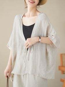 เสื้อคาร์ดิแกนแขนสั้นผ้าฝ้ายลินินสำหรับผู้หญิงในช่วงฤดูร้อน เสื้อคลุมกันแดดแบบบางหลวมๆ สายรัด ทรงหลวมๆ แขนกลม สไตล์ลำลอง เสื้อเชิ้ตผู้หญิง