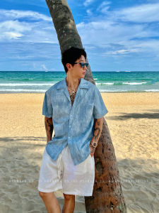 Áo Sơ Mi Nam OX-FREAK Ice Blue Bubble Cotton Cuban Collar Loose Fit Áo Thun Dệt Kim Màu Trơn Mùa Hè 2025 Thường Ngày