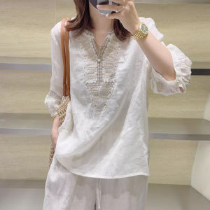 Shalldoer | V-Neck Embroidered Ethnic Short Sleeve Shirt
