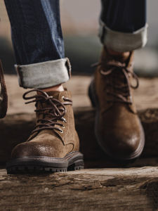 Maden Mens Winter Work Boots Mid-Calf Desert Boots High-Cut British Martin Boots Retro Fleece Genuine Leather Short Boots