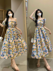 Váy Dài Cổ Vuông Họa Tiết Hoa Kiểu Pháp Cỡ Lớn Váy Dài Chữ a Cạp Cao Váy Mùa Hè Cho Nữ