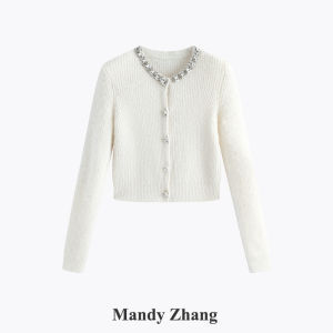 Alpaca Wool Pearl and Rhinestone Trimmed Round Neck Knit Cardigan Short Sweater