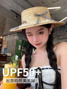 Summer Outdoor Womens Straw Hat Flat Top Butterfly Knot Beach Sandals Holiday Photography Face Sun Protection Hat Youth Style