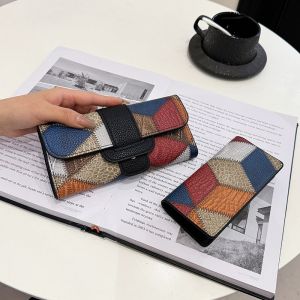 กระเป๋าสตางค์หนังนิ่มสีบล็อกดีไซน์หรูหราสำหรับผู้หญิง 3 กระดาษ อเนกประสงค์ กระเป๋าถือแบบพกพา กระเป๋าใส่ธนบัตรแบบยาว