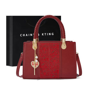 Fashionable Red Wedding Tote Bag for Women Medium Soft Surface Pure Color Trendy Crossbody Handbag with Zipper Closure