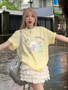 เสื้อยืดคอกลมแขนสั้นผ้าฝ้ายลายการ์ตูนสุนัขสีเหลืองสำหรับผู้หญิง ทรงหลวม ทรงเข้ารูป แฟชั่นฤดูร้อน เสื้อผ้าทำงาน