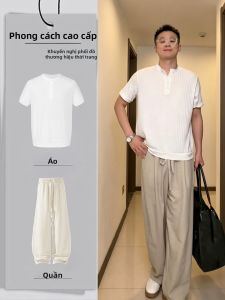 Bộ Quần Áo Nam Kiểu Retro Thoáng Mát Áo Polo Knit và Quần Vải Linen