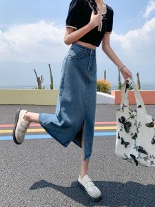 กระโปรงยีนส์ทรงเอเอวสูงทรงตรงยาวปานกลางสำหรับผู้หญิงในช่วงฤดูร้อนปี 2025 กระโปรงยีนส์ทรงเดิมแบบมีซิปและกระเป๋า