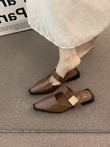 French Design Pointed Toe Semi Slippers Womens Brown Mary Jane Covered Head Evening Single Shoes Fashionable Minimalist Style