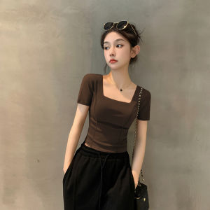 Summer 2025 Womens Slim Fit Short Sleeve T-Shirt Knitted Square Collar Coffee Color Fashionable Korean Style Pure Color Top