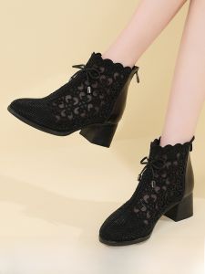 SHIPAILUO | New 2025 Womens Mesh Slip-On Summer Shoes Breathable Soft Bottom Head Covering Thick Heel Butterfly Knot Leather Sandals