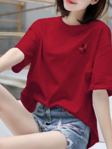 SUSHOUWANGE | Cotton T-shirt Red Large Size Short Sleeve Fashionable Womens T-shirt