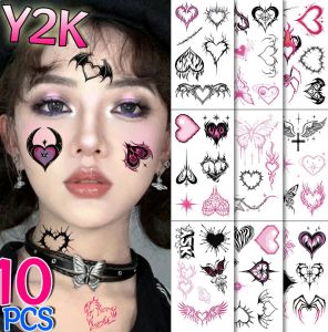 กริลริกเกอร์รอยสักรูปหัวใจผีเสื้อ Y2K 10ชิ้น/เซ็ตเซ็กซี่สีชมพูดำแมงมุมติดกาวศิลปะบนแขนสติกเกอร์รอยสักชั่วคราวกันน้ำ